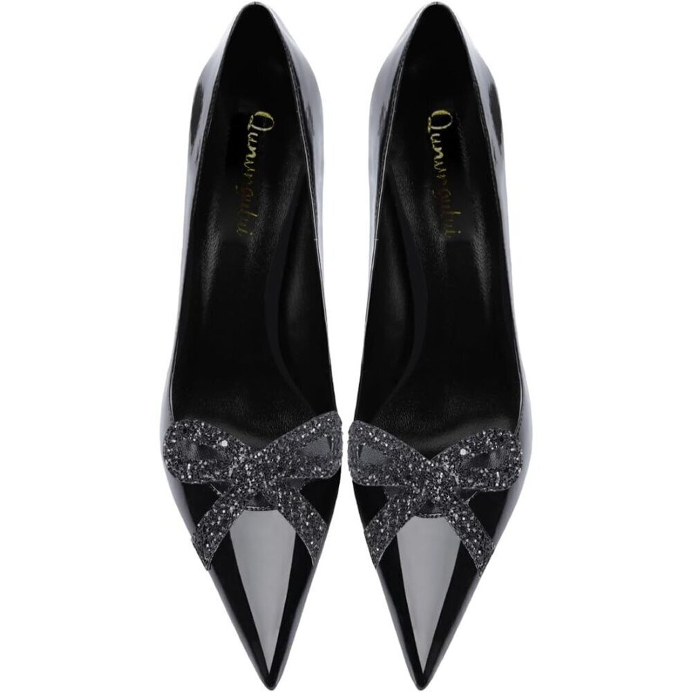 Women's Black Pointed Butterfly Decoration Shallow 3.9in Stiletto Pumps Heels - Picture 6 of 7